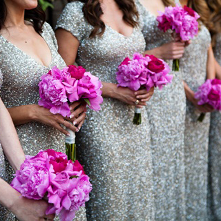 Sparkles and Shoes - Silver Sequins - pink peony and rose bouquets