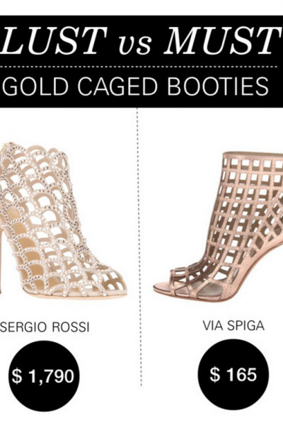 Polyvore Collage - Lust vs Must - Gold Caged Booties