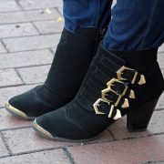 Sparkles and Shoes Bamboo Sharpay 03 Black and Gold Belted Ankle Boots from Lulus