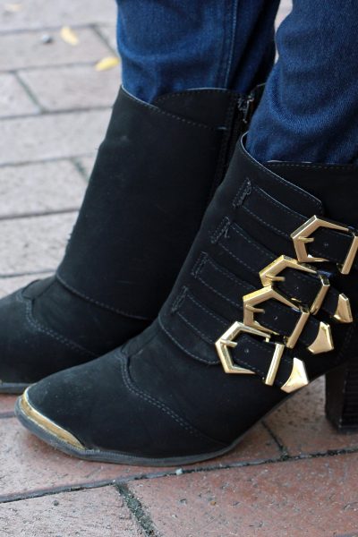 Sparkles and Shoes Bamboo Sharpay 03 Black and Gold Belted Ankle Boots from Lulus