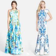 Eliza J Embellished Floral Print Chiffon Gown and Print Crêpe de Chine Mermaid Gown