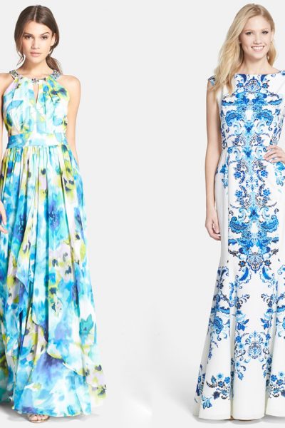 Eliza J Embellished Floral Print Chiffon Gown and Print Crêpe de Chine Mermaid Gown