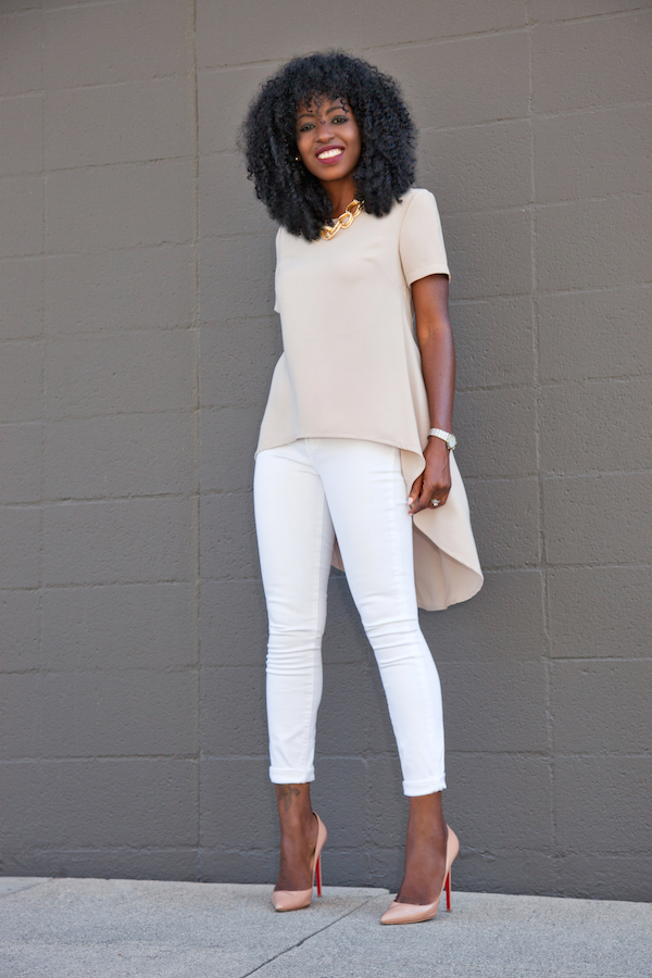 Style Icon Folake Huntoon of Style Pantry - Babydoll Blouse + White Skinny Jeans