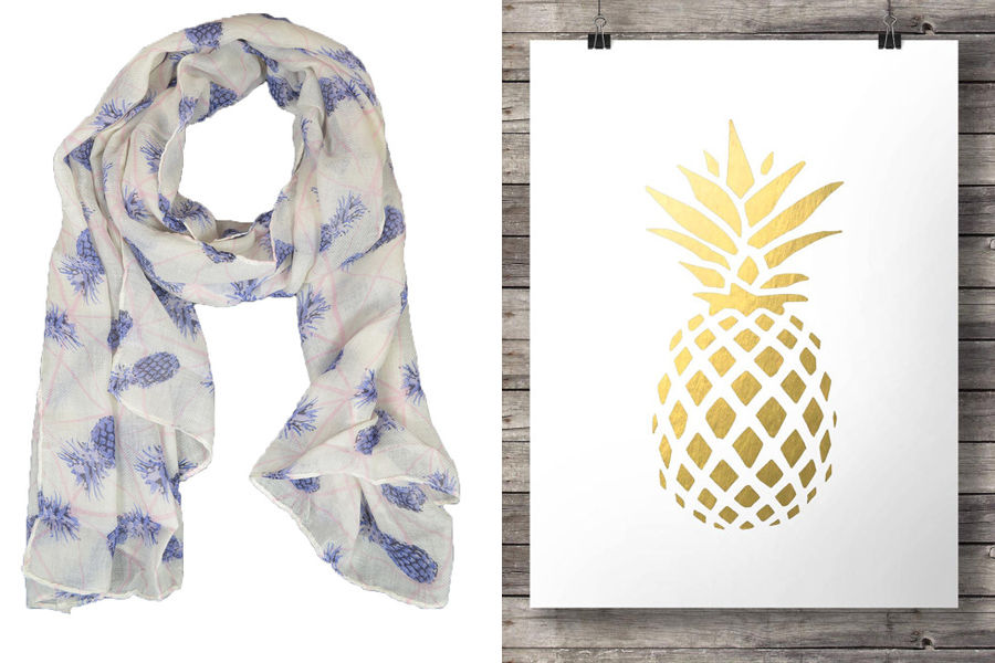 Pineapple Fashion - Pineapple Print Scarf and Faux Gold Foil Pineapple Print