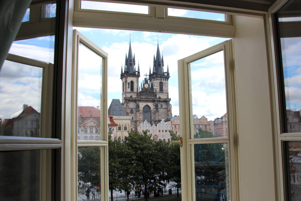 View from my hotel of Prague Old Town Square Church of Our Lady before Týn