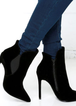 Lulus Very Superstitious Black Velvet Pointed Toe Booties in Black Suede