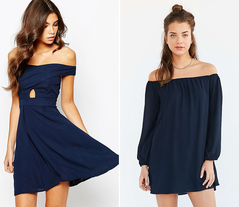 Off the Shoulder Navy - Ecote Off-The-Shoulder Swing Dress and Love Off Shoulder Wrap Front Skater Dress With Box Pleat Skirt