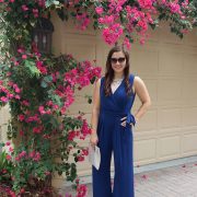 Fashion Blogger in Vince Camuto Faux Wrap Jersey Jumpsuit in Blue from Nordstrom