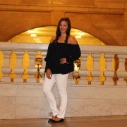 White Jeans and LOFT Button Sleeve Off the Shoulder Top in Forever Navy at Grand Central