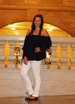 White Jeans and LOFT Button Sleeve Off the Shoulder Top in Forever Navy at Grand Central