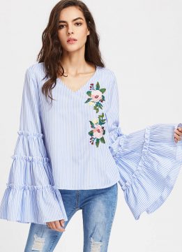 Exaggerated Tiered Bell Sleeve Embroidered Striped Top