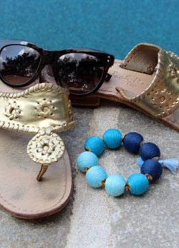 Jack Rogers Whipstitched Flip Flop in Gold and Shashi Accessories