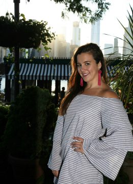 WAYF Brayden Off Shoulder Dress in Navy Gingham with Vanessa Mooney The Astrid Knotted Tassel Earrings
