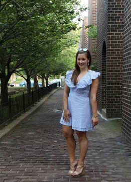 WAYF Manning Ruffle Dress in Blue Stripe