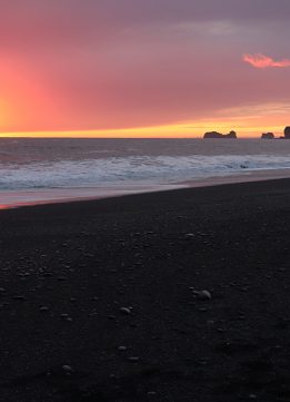 Glowing Sunset at Reynisfjara Black Sand Beach in Vik Iceland