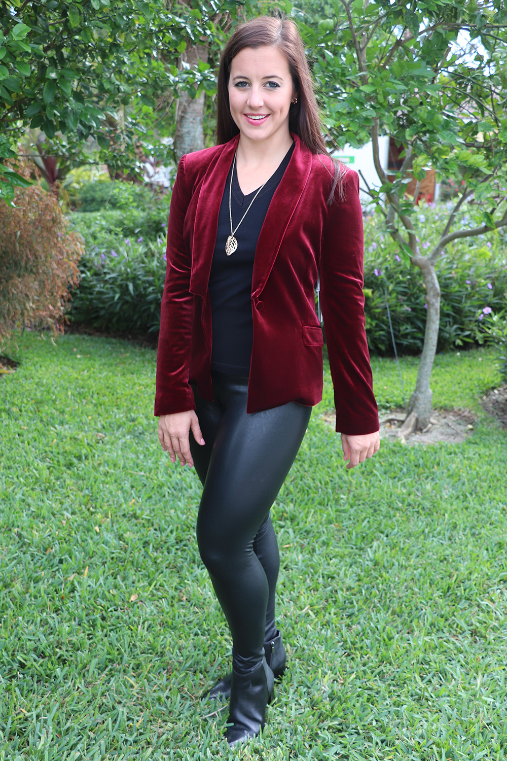 Winter Style in 1.STATE Velvet Tuxedo Blazer with Commando Perfect Control Faux Leather Leggings