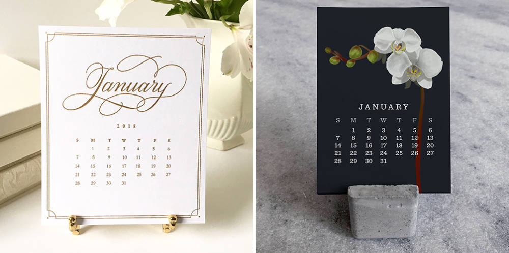 2018 Calendars - Gold Cursive and Orchid 2018 Desk Calendars