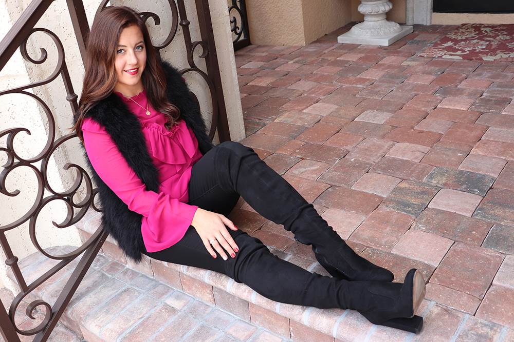 Fashion Blogger - Black Vest, Pink Shirt, and Over the Knee Boots