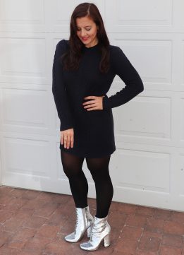 Treasure & Bond x Something Navy Sweater Dress in Navy Night with KENDALL + KYLIE Haedyn Block Heel Ankle Boots in Silver