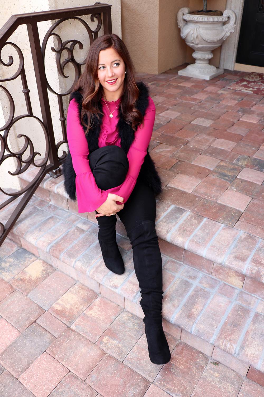 WAYF Bell Sleeve Ruffle Blouse, Club Monaco Violet Vest, and Frame Le Color Skinny in Jeans in Noir