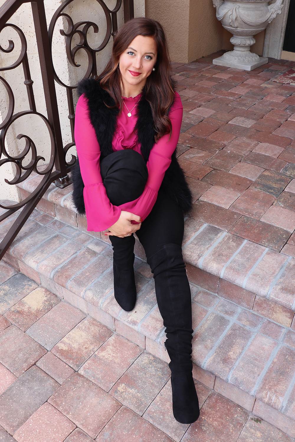 WAYF Eryn Bell Sleeve Ruffle Blouse, Club Monaco Violet Vest, and Frame Le Color Skinny in Jeans in Noir