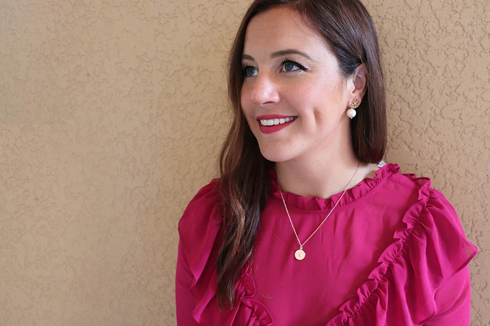 WAYF Eryn Bell Sleeve Ruffle Blouse in Cerise and kate spade new york 'one in a million' initial pendant necklace