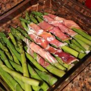 Glass Pan of Prosciutto Wrapped Asparagus