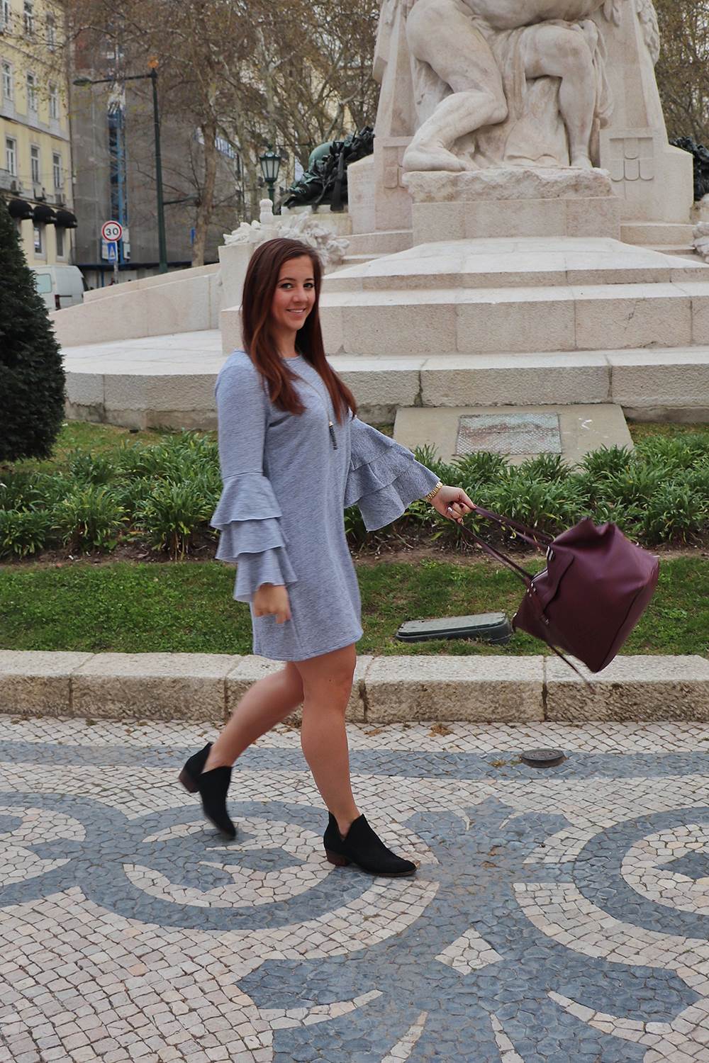 Ruffled Sleeves of the NYTT Charlotte Triple Tier Sleeve Sweatshirt Dress