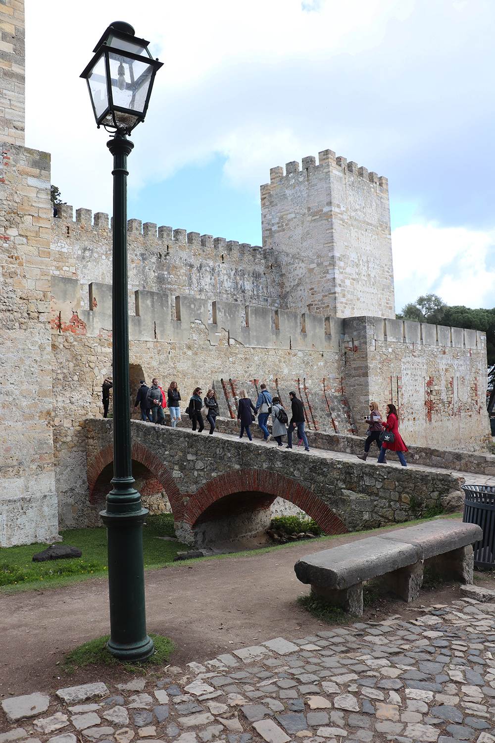 Medieval stone walls of Sao Jorge Castle Lisbon