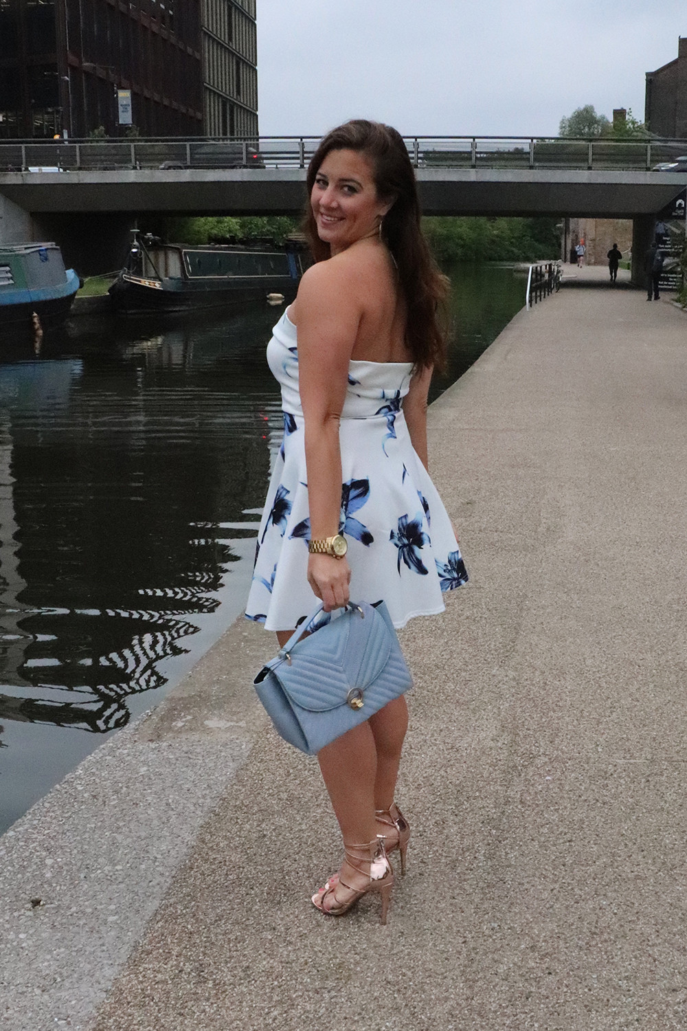 Carmellita Floral Off The Shoulder Skater Dress and Quilted Crossbody Bag with Leather Details in Sky Blue