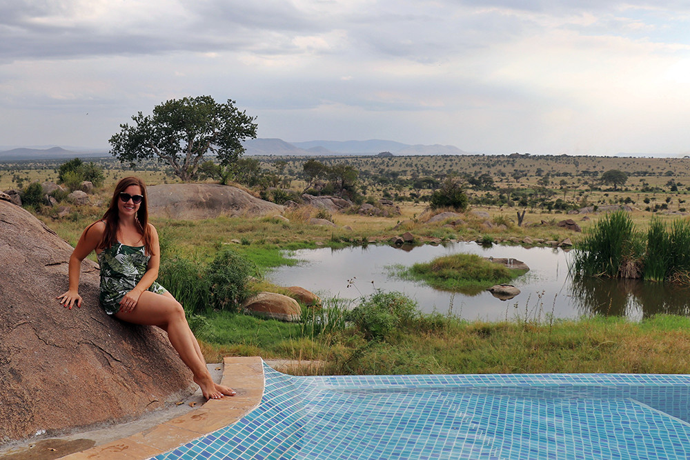 Infinity Pool and Watering Hole in a Palm Leaf Romper at the Four Seasons Serengeti