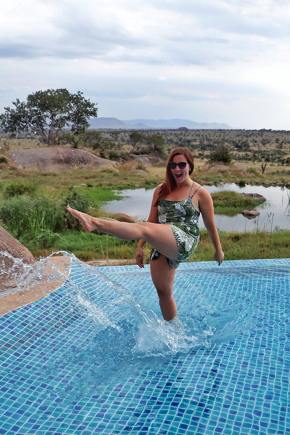 Infinity Pool in a Palm Leaf Romper at the Four Seasons Serengeti