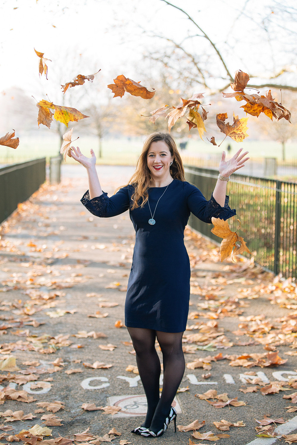 London Blogger Navy Dress in Hyde Park Throwing Leaves