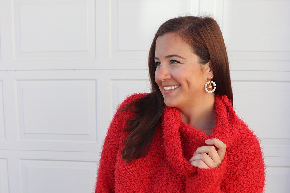 Red Cowl Neck Sweater and Earrings
