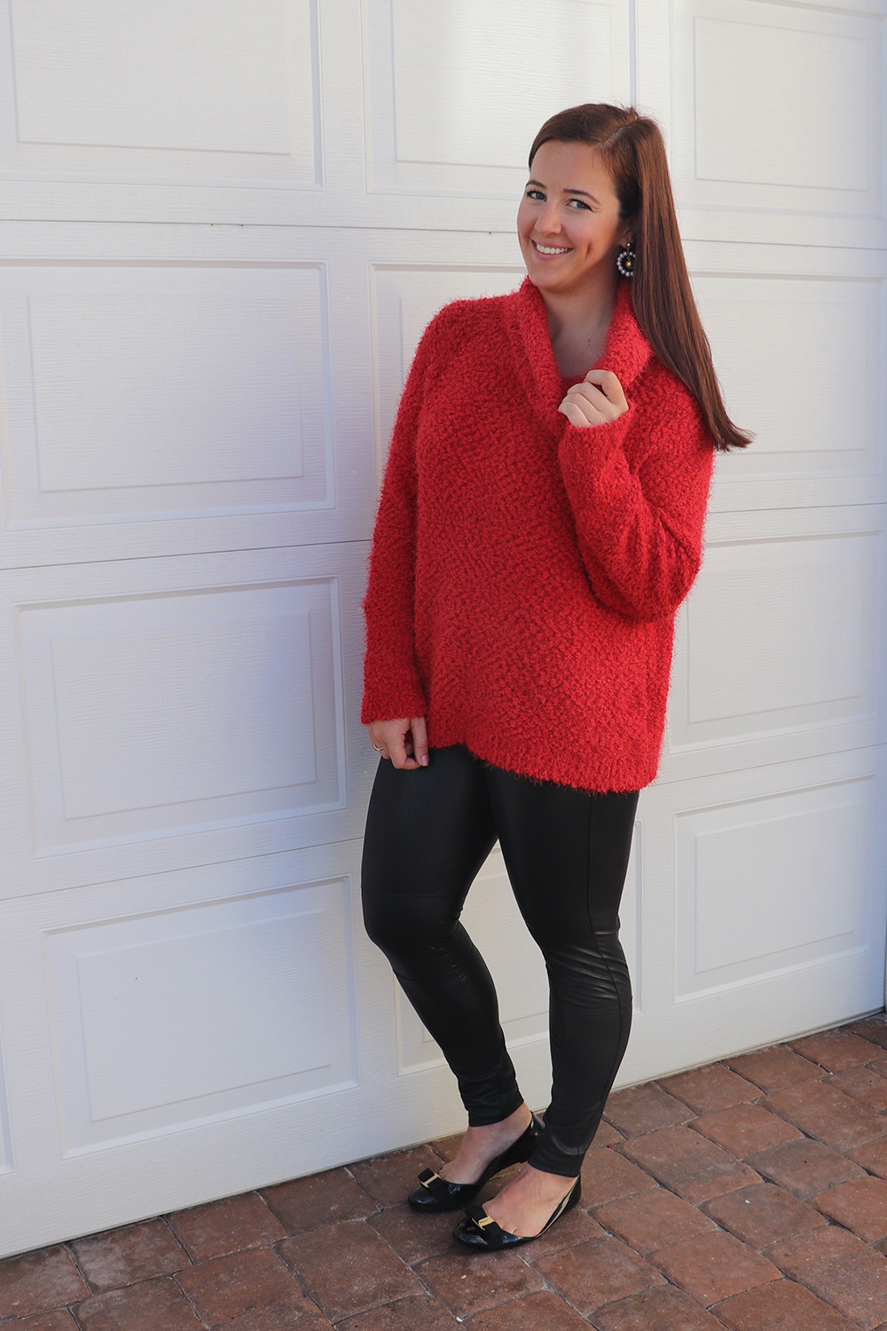 Red Cowl Neck Sweater and Leather Leggings 03