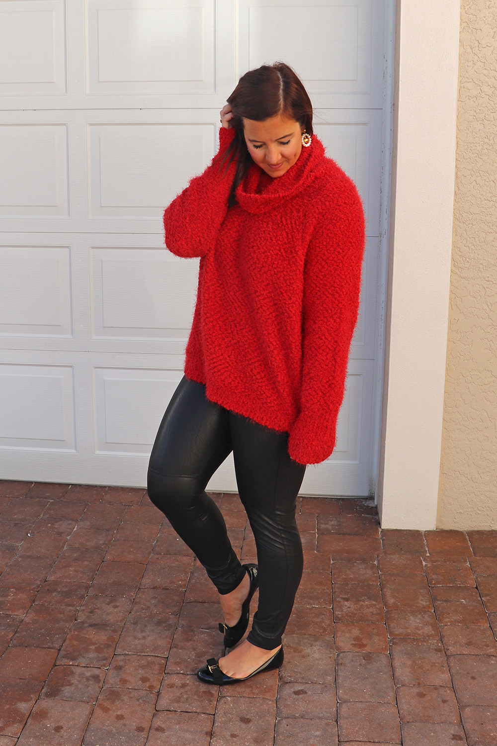Red Cowl Neck Sweater and Leather Leggings 10