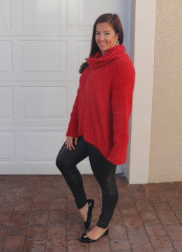 Red Cowl Neck Sweater and Leather Leggings