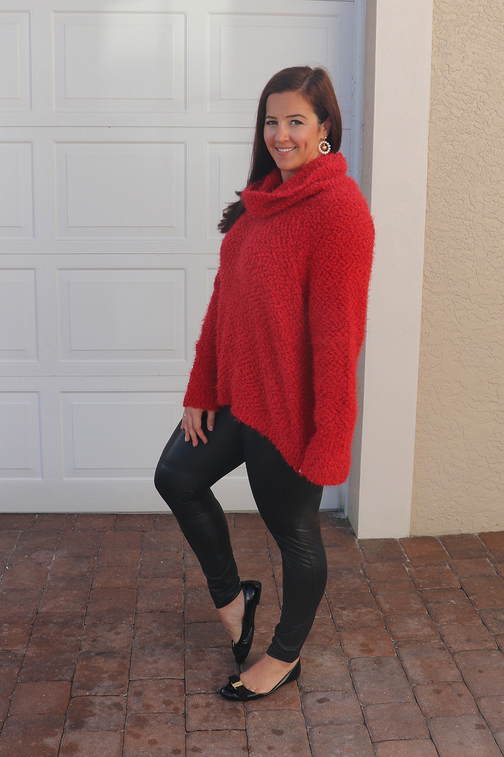Red Cowl Neck Sweater and Leather Leggings