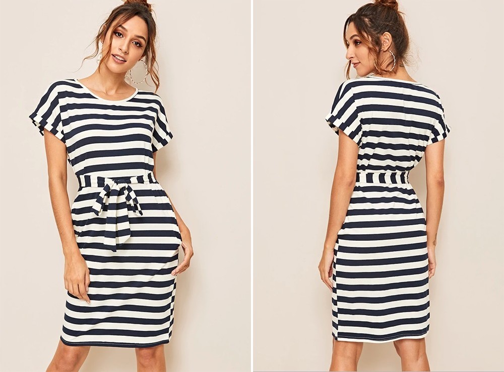 SheIn Review - Striped Belted Dress in Color-Black and White