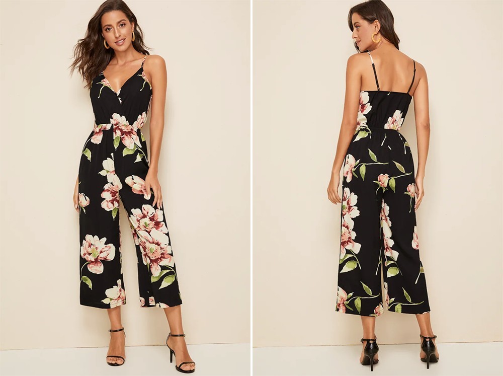 SheIn Review - Surplice Neck Wide Leg Floral Print Slip Jumpsuit