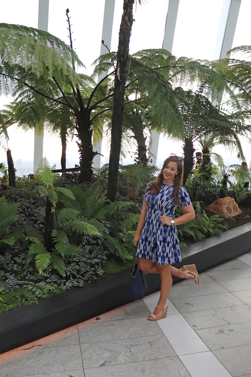 Blue Abstract Dress and Stuart Weitzman Heels