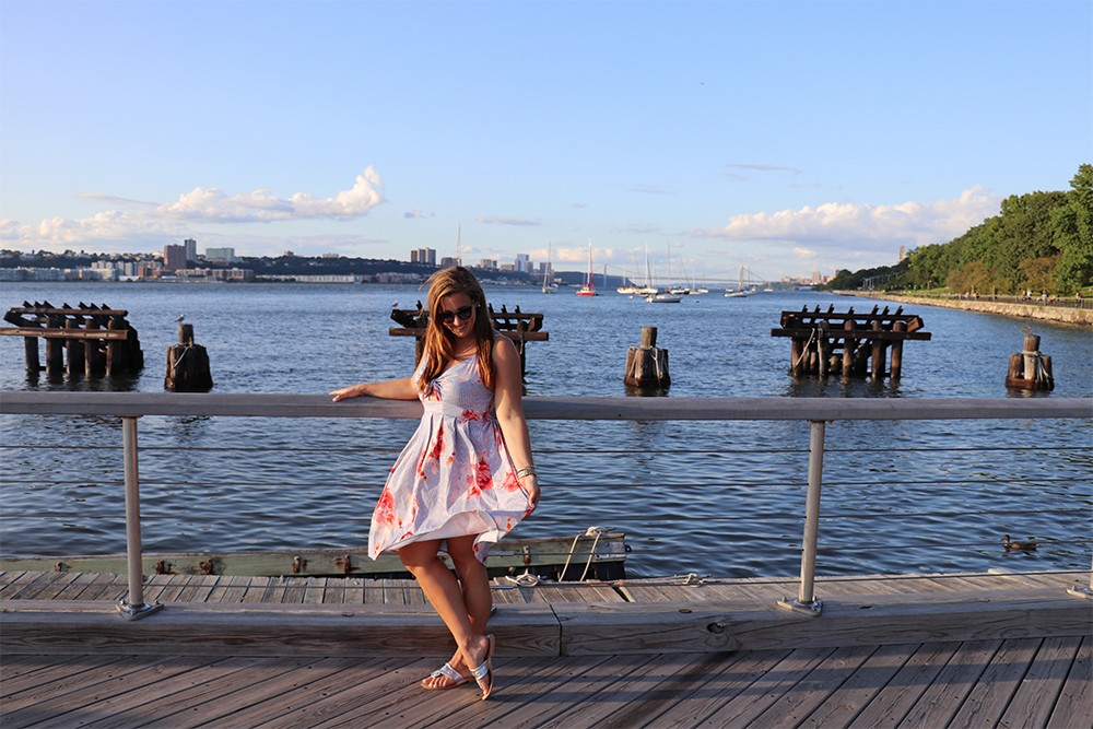 Tie Front Dress and Jack Rogers on the Hudson River