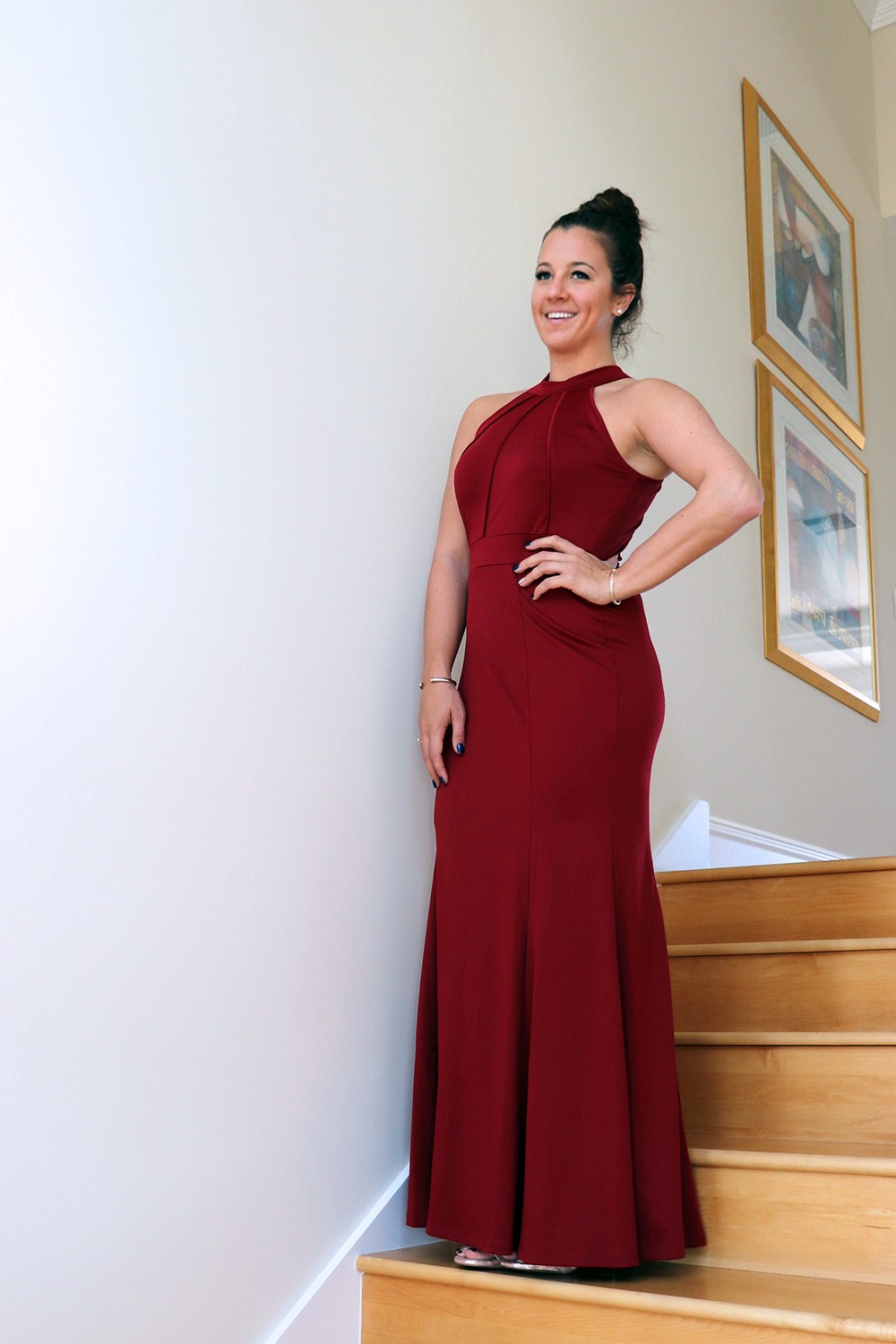 Berydress Halter Fishtail Formal Gown in Burgundy