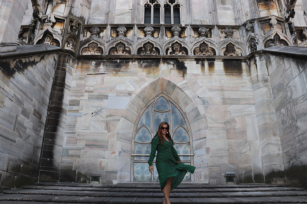 Green Printed Maxi Dress on the Milan Duomo Roof