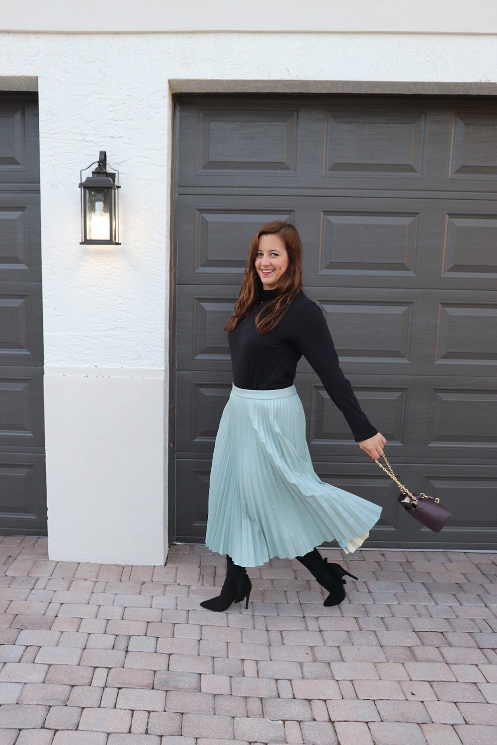 Halogen Pleated Croc Midi Skirt with ZAC Zac Posen Belay Mini Hobo Crossbody Bag in Eggplant