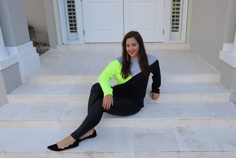 Neon Sweater and Seychelles Island Flat in Black Suede