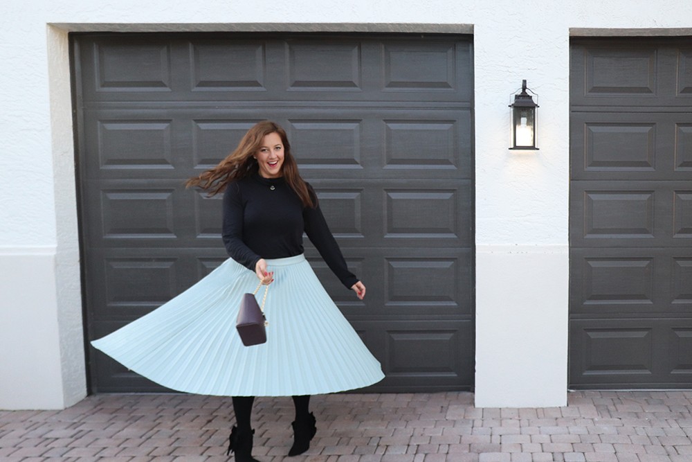 Twirling in Halogen x Atlantic-Pacific Pleated Croc Faux Leather Midi Skirt in Blue Raindrop