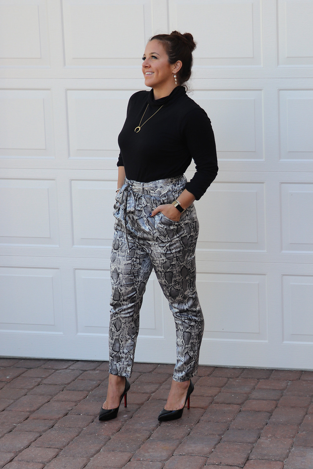 BB Dakota Snake Print Pants and Gorjana Crescent Pendant Necklace
