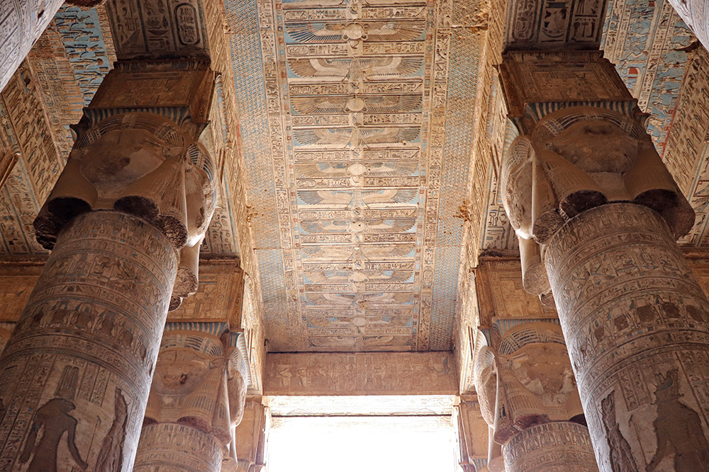 Columns of the Great Vestibule at the Hathor Temple in the Temple of Dendera