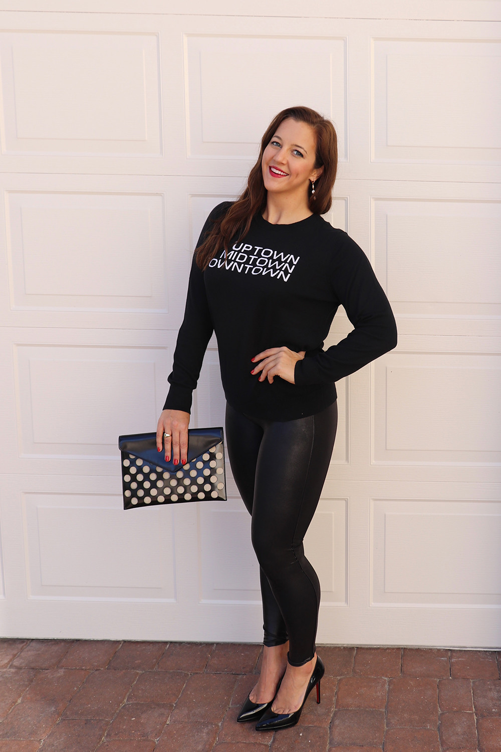 Fashion Blogger in NYC Sweater and Rebecca Minkoff Perf Leo Clutch